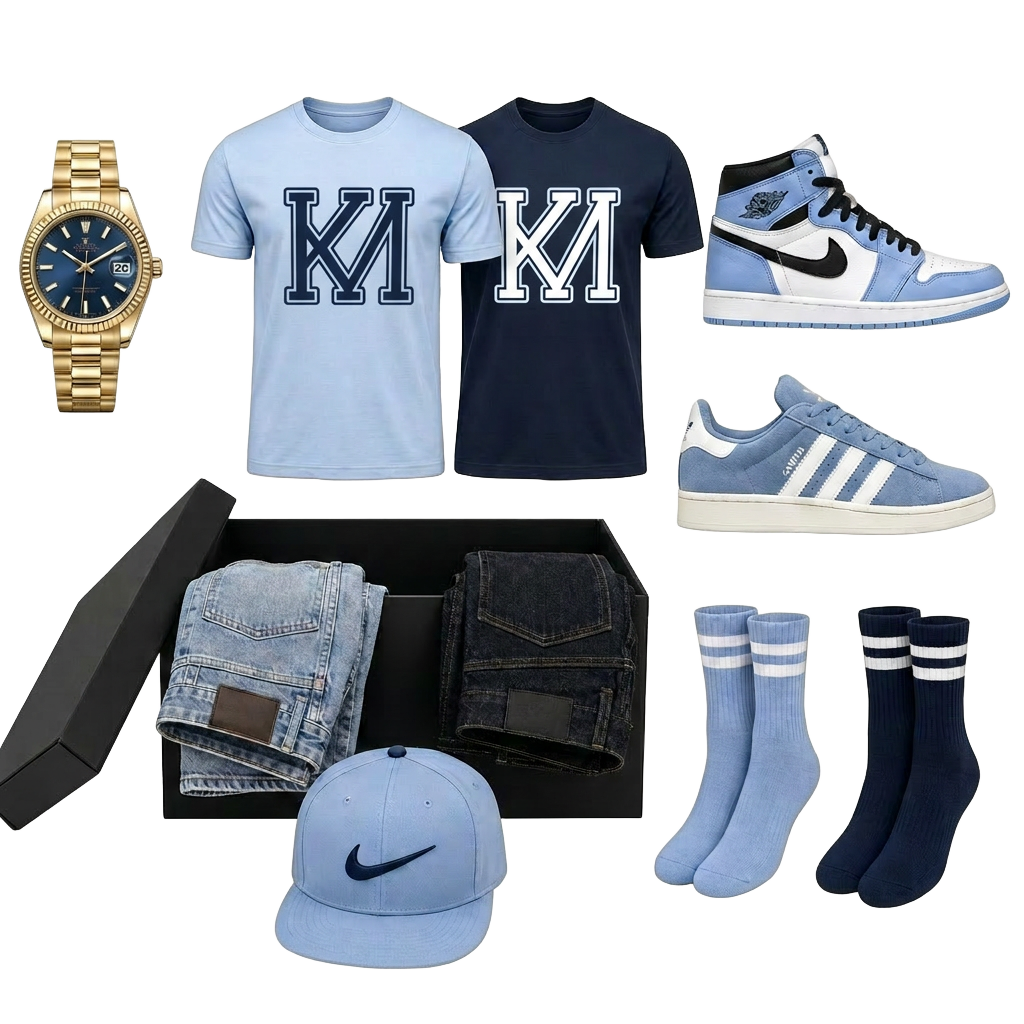 KM Mystery Box: black box with floating ghost-mannequin KM tee, Jordans, jeans, Nike hat, and socks